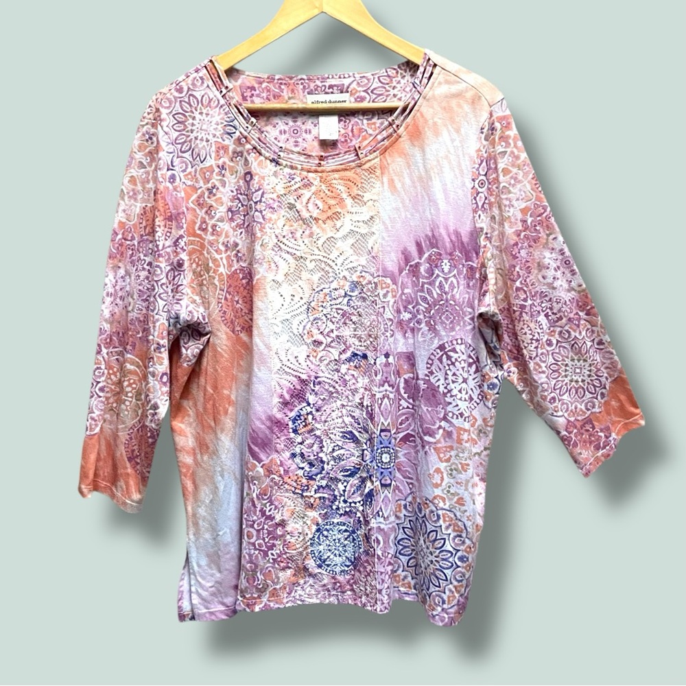Alfred Dunner PEACH/PINK LACE DETAILING 3/4‎ SLEEVE TOP